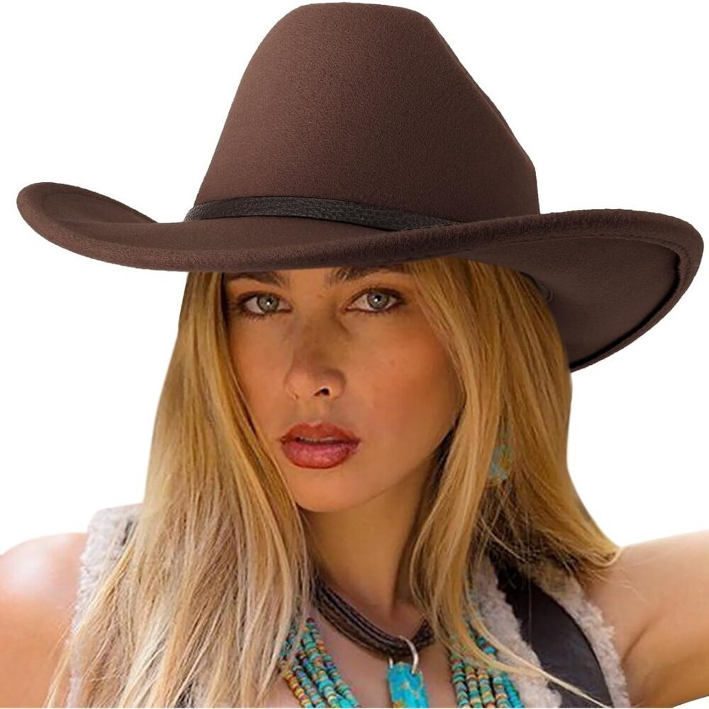 Women's Coffee Western With Leather Band Classic Brim Fedora Felt Cowboy Hat